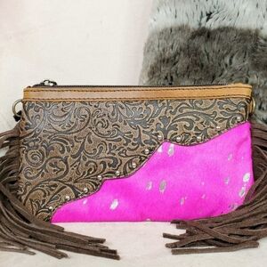 NWT!!!! American Darling Leather Clutch Hot Pink Fringe - Hand Tooling w…